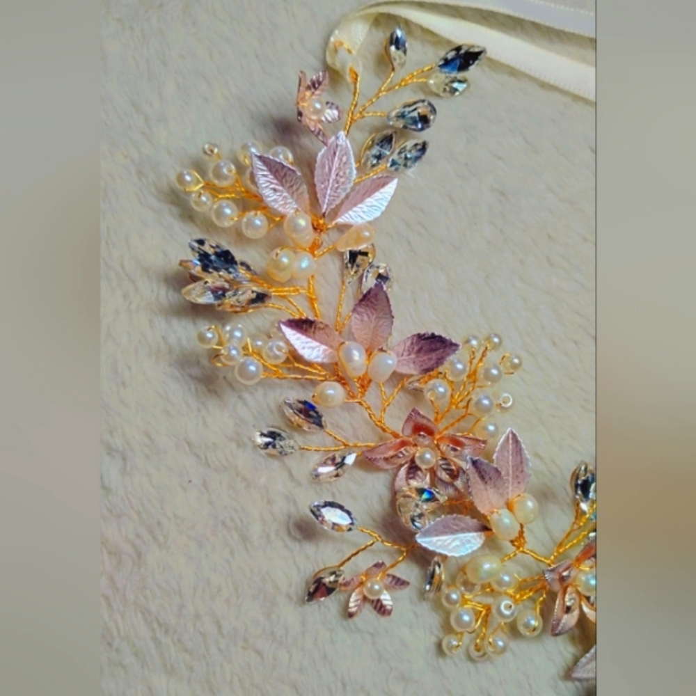 SWEETV Romantic Pearls and Gold With Pink Flowers Accessory